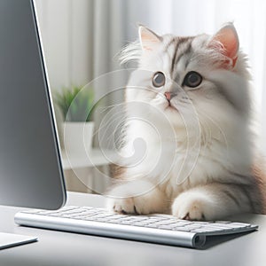 Kitten sitting at the computer.