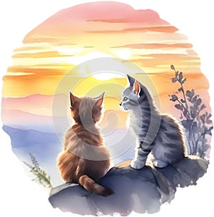 Kitten sitting on a hill at sunset. AI-Generated.