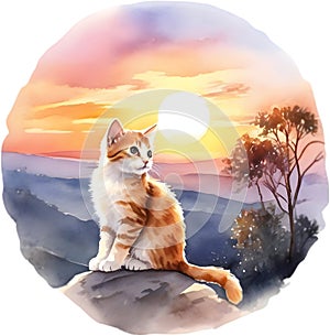 Kitten sitting on a hill at sunset. AI-Generated.