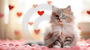 A kitten sitting on a pink rug in front of hearts, AI
