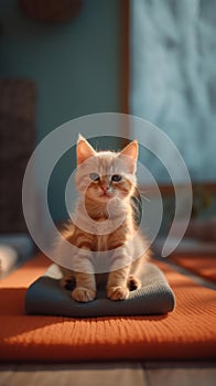 A kitten sitting on top of a yoga mat. Generative AI image.