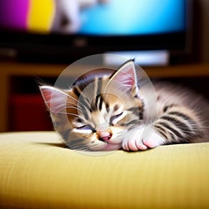 Kitten sleeping in front of the television,generated illustration with ai