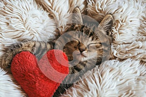 Kitten sleeping on the heart shaped pillow