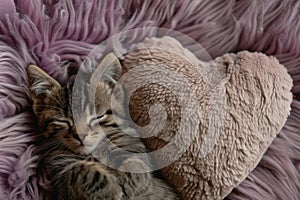 Kitten sleeping on the heart shaped pillow