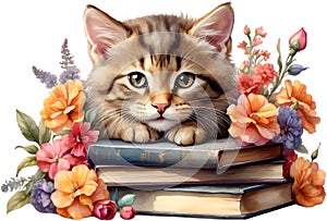 Kitten with stack of books. Ai-Generated.