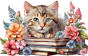 Kitten with stack of books. Ai-Generated.
