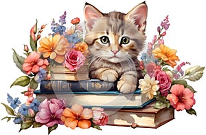 Kitten with stack of books. Ai-Generated.