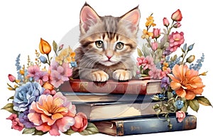 Kitten with stack of books. Ai-Generated.
