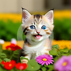 Kitten standing smiling against flower garden in outdoor,generated illustration with AI