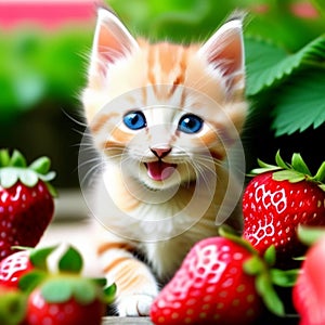 Kitten and strawberry garden,generated illustration with AI