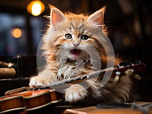 Kitten strums tiny guitar amidst music sheets