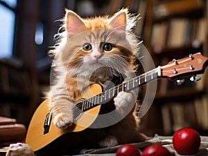 Kitten strums tiny guitar amidst music sheets