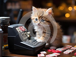 Kitten swipes credit card on barstool