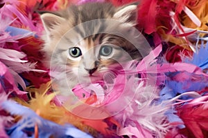 kitten tangled in feather boa, playful expression