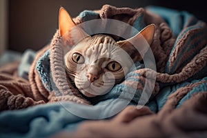 Kitten under a blanket. The cat is resting warm under the plaid.