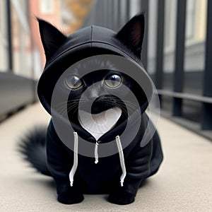 Kitten wearing a black hoodie,generated illustration with ai