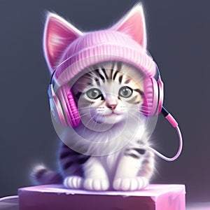 Kitten wearing headphones and a pink hat,generated illustration with AI