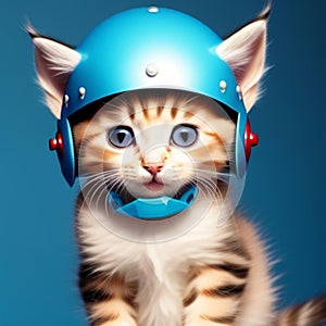 Kitten wearing a helmet on blue background,generated illustration with AI