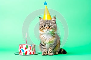 Kitten wearing party hat sits in front of birthday cake with lit candles. Generative AI