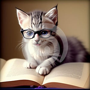 Kitten wearing reading glasses,generated illustration with ai