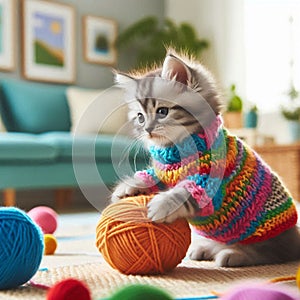 Kitten wearing yarn sweater playing yarn balls, petcare