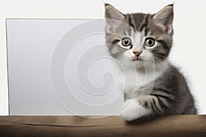 kitten on white background with blank white banner