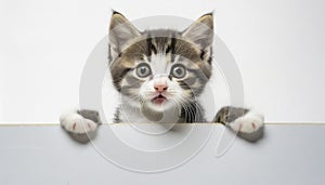 kitten on white background with blank white banner