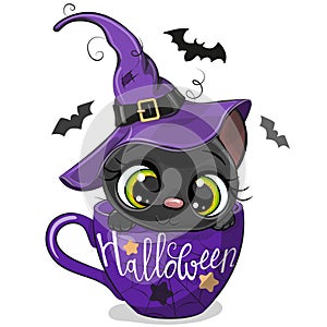 Kitten in a witch hat is sitting in a Cup of coffee