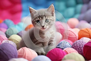 Kitten among yarn balls, cute, colorful background.