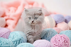 Kitten among yarn balls, cute, colorful background.