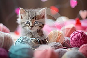 Kitten among yarn balls, cute, colorful background.