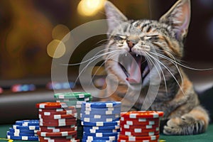 kitten yawning beside an allin bet with colorful chips