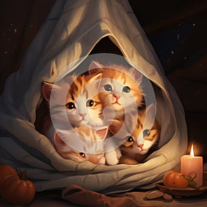 Kittens cozily nestled together beneath a soft blanket.