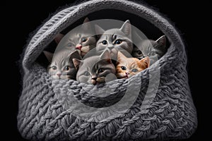 Kittens in a crocheted basket. Little cats are looking directly at the camera. Lovely illustration with animals.