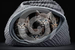 Kittens in a crocheted basket. Little cats are looking directly at the camera. Lovely illustration with animals.