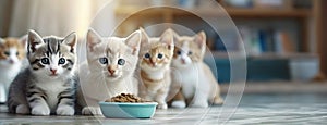 Kittens gathered around a bowl of food on the floor. A group of cats with various coat patterns. Breed nutrition, pets
