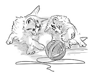 Kittens play with the hank of threads