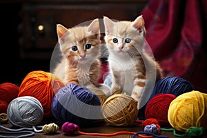 kittens playing with a ball of yarn