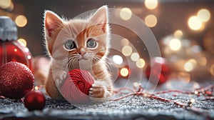 Kittens playing with a ball of yarn