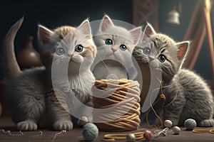 Kittens playing with yarn generative AI illustration