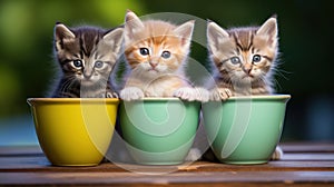 Kittens pose for a photo in flowerpots. Ai generative