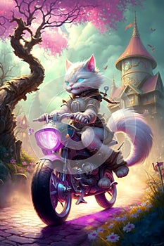 Kitty bandit on a pink motorbike. Generated Ai