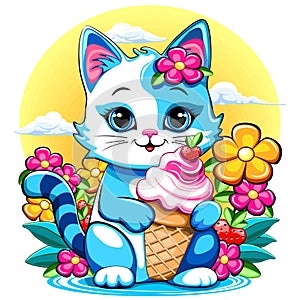 Kitty Cat Cute and happy Summer Cartoon Character with ice cream flowers and Strawberries vector illustration isolated on white. photo