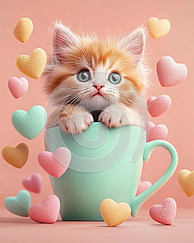 Kitty cat inside a coffe mugg surrounded by floating hearts. Ai Generative