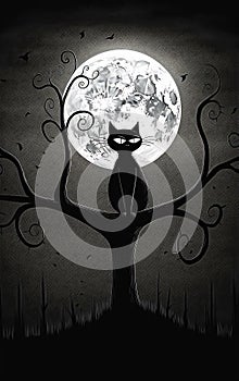 Kitty Cat Kitten Sitting Tree Halloween Moons Background Cute Ca