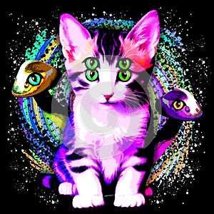Kitty Cat Psychic Aesthetics Character with Trippy Mushrooms Disturbing Surreal Digital Painting Art
