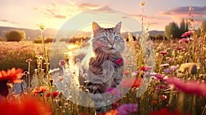 kitty cat and puppy wild meadow floral field ,bee and butterfly