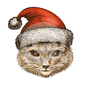 Kitty, cat in santa claus hat. Christmas, celebration concept. Sketch vector illustration