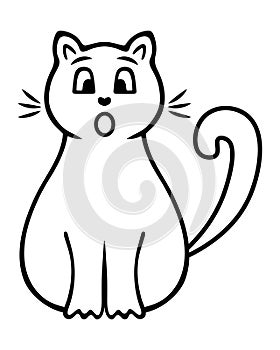 Kitty. A cat with a surprised face. Mustachioed animal with tail raised up. Doodle style. Cute pet