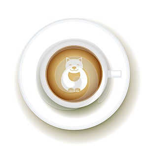 Kitty Coffee Latte art animal, Top view shape foam art of a cappuccino cup with saucer on white table background. Latte art drawin